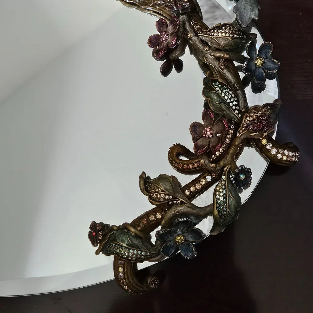 RARE JAY STRONGWATER FLORA & FAUNA CRYSTAL ENAMEL MIRROR VANITY BATH TRAY OBJET
